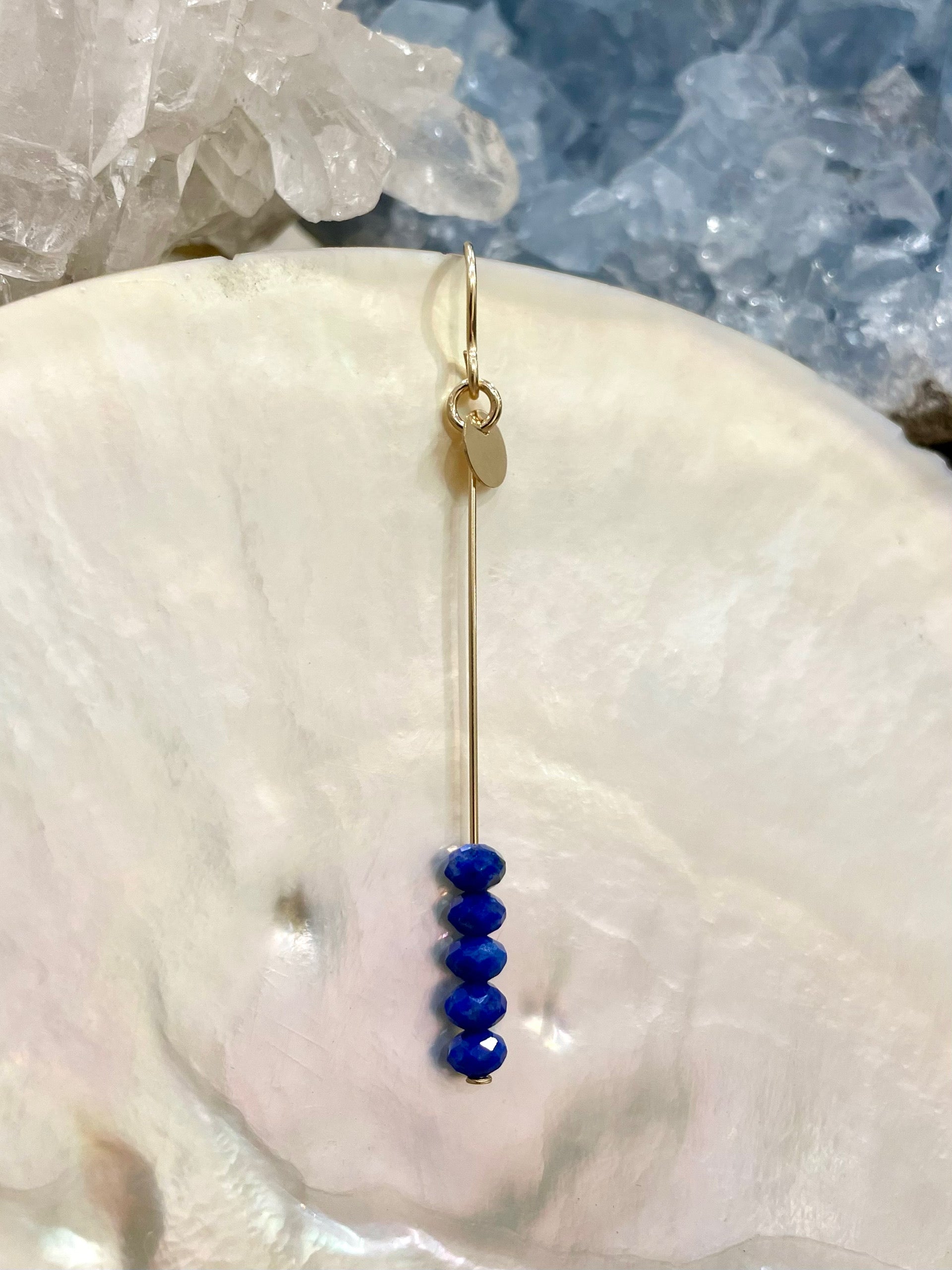 Diana drop earrings, dark blue stone earrings, gold lapis lazuli earrings on shell