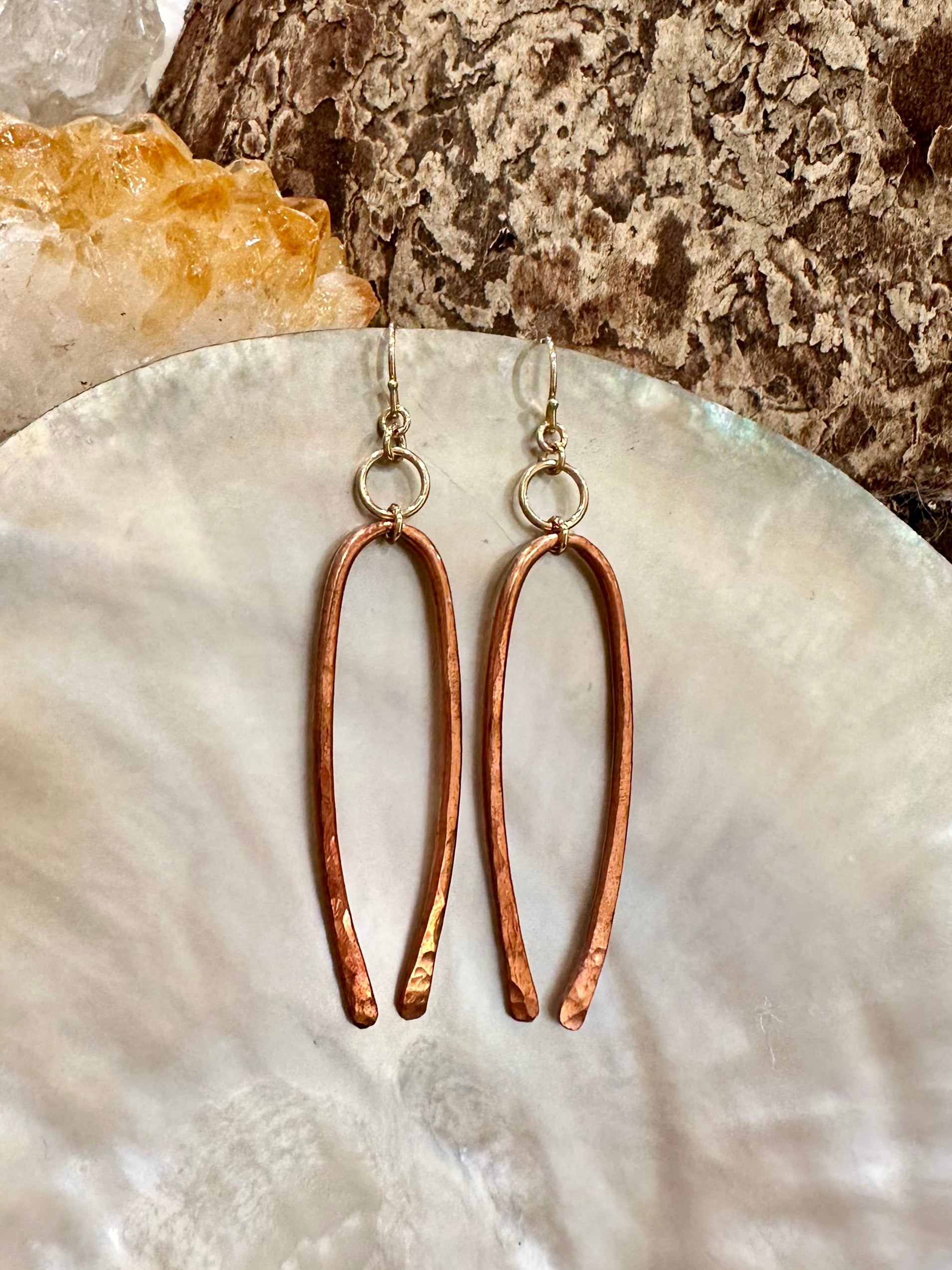 Inara drop earrings,  pure copper earrings, copper gold earrings on shell