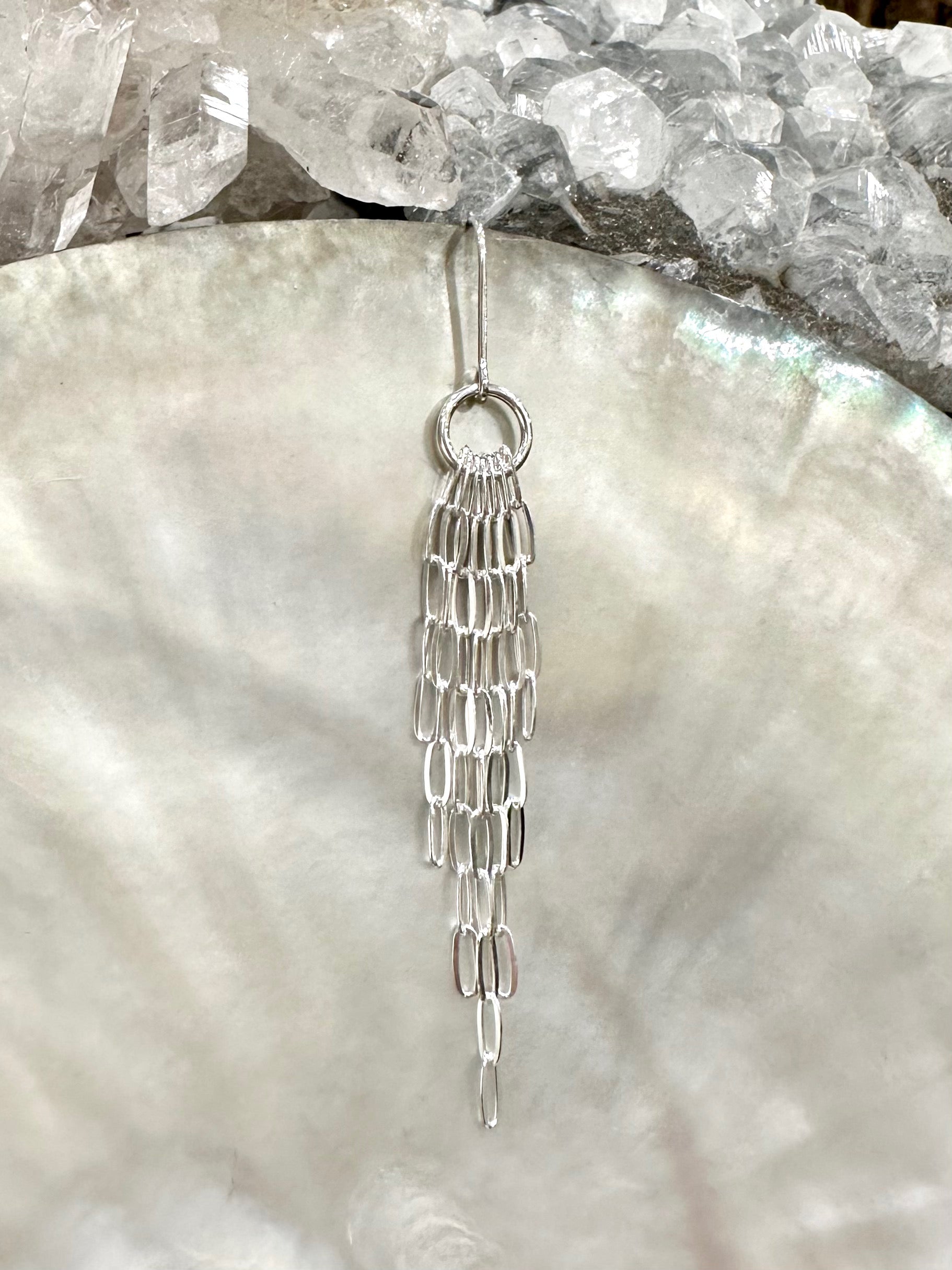 Adrianne drop earrings, chain link earrings, long earrings in silver on shell