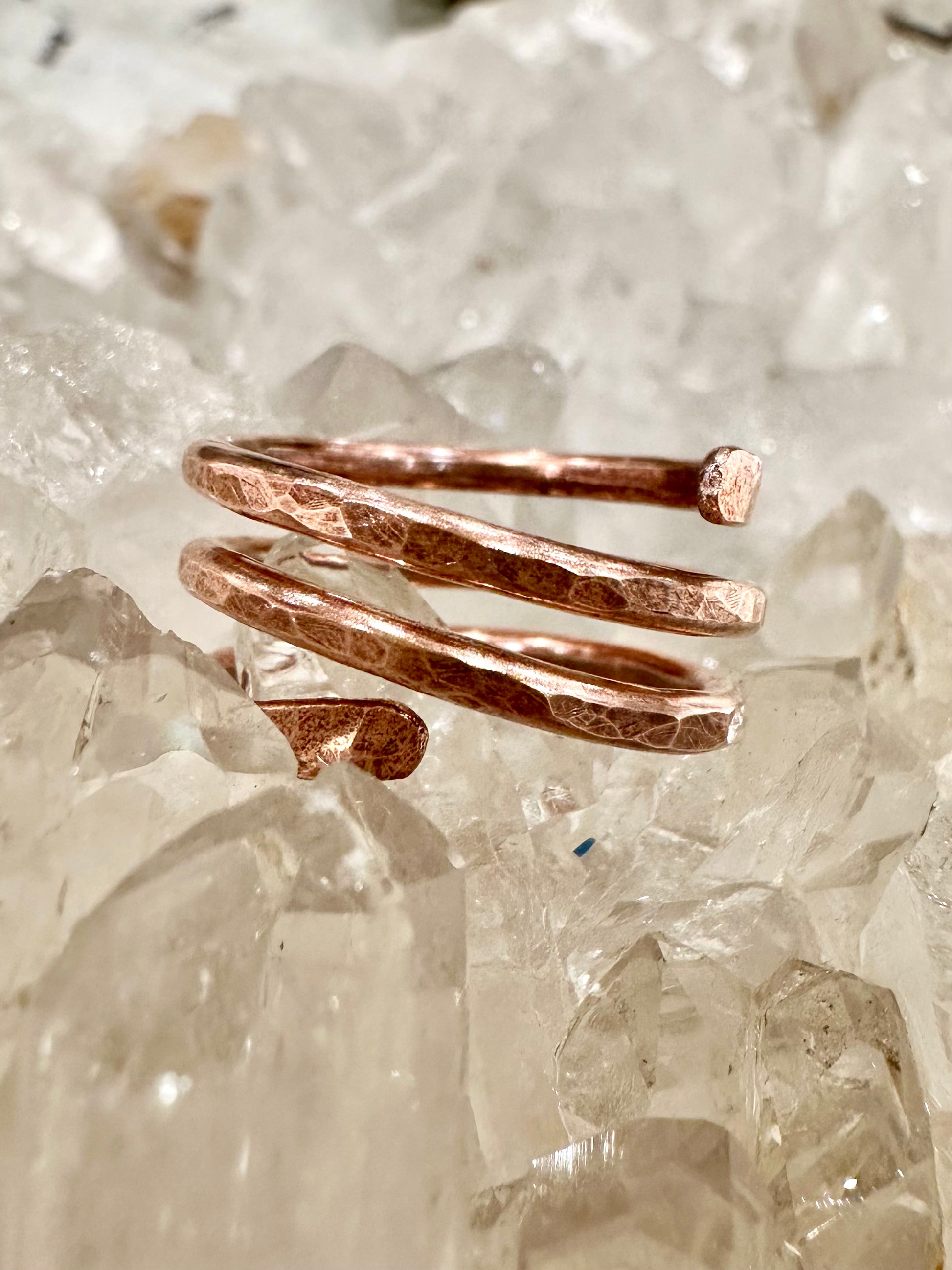 Ballari ring, hammered copper ring, copper spiral ring on crystal