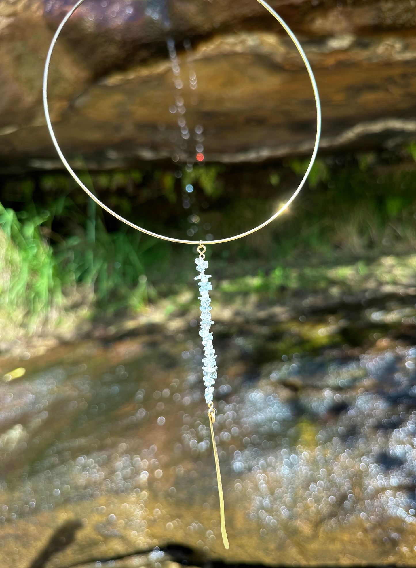 Kailani choker necklace, aquamarine choker drop necklace, gold aquamarine necklace hanging view waterfall