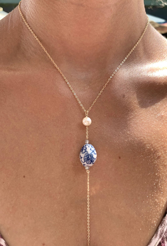 Xiulan drop necklace, porcelain necklace, on model