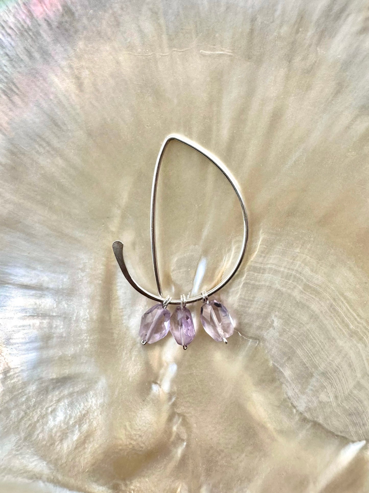 Lila amethyst demi hoops, silver half hoop earrings, hammered hoop earrings, sterling silver amethyst earrings on shell