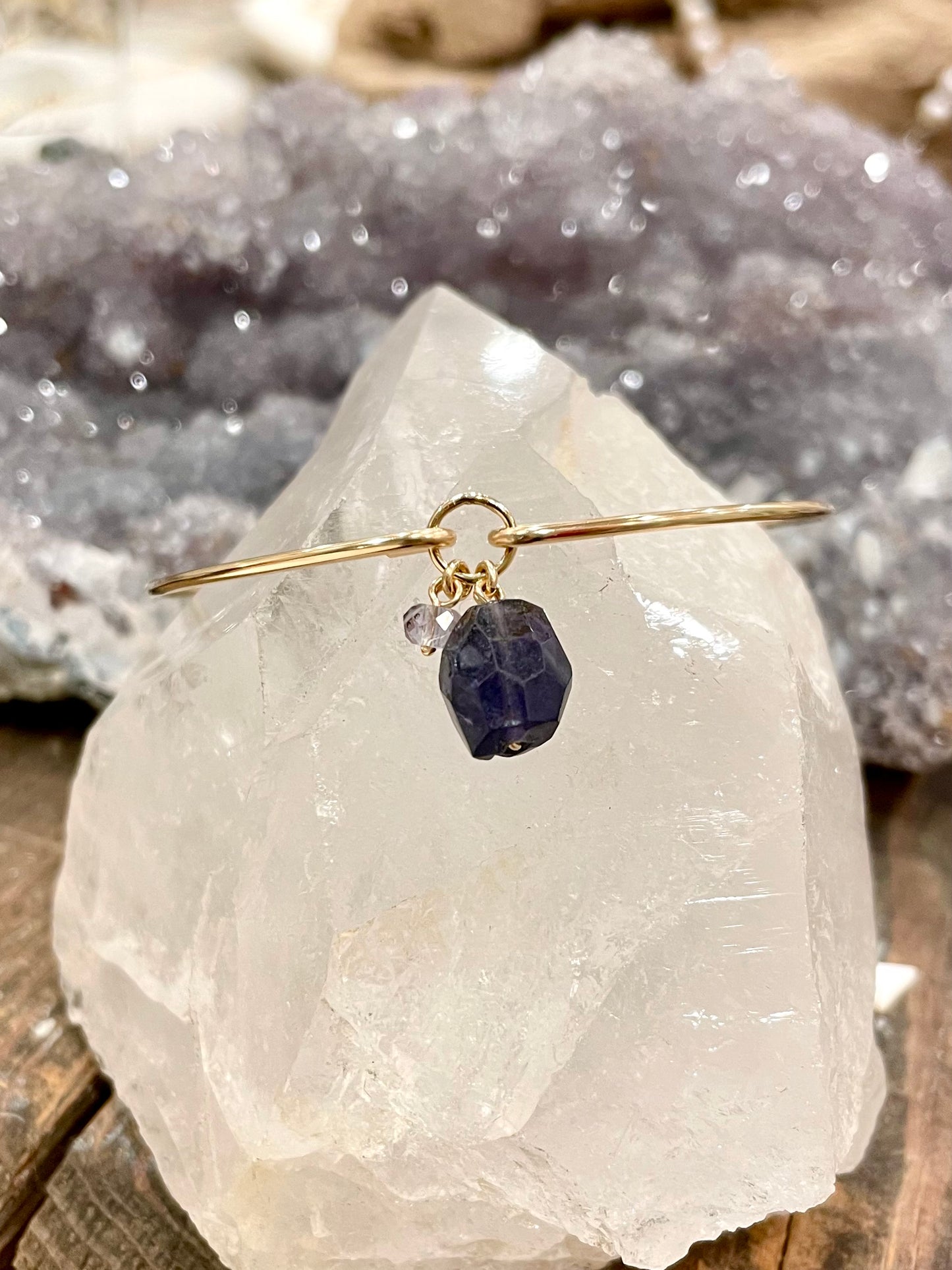 Noctura petite charm bangle, iolite bracelet, gold charm bracelet, purple blue stone bracelet