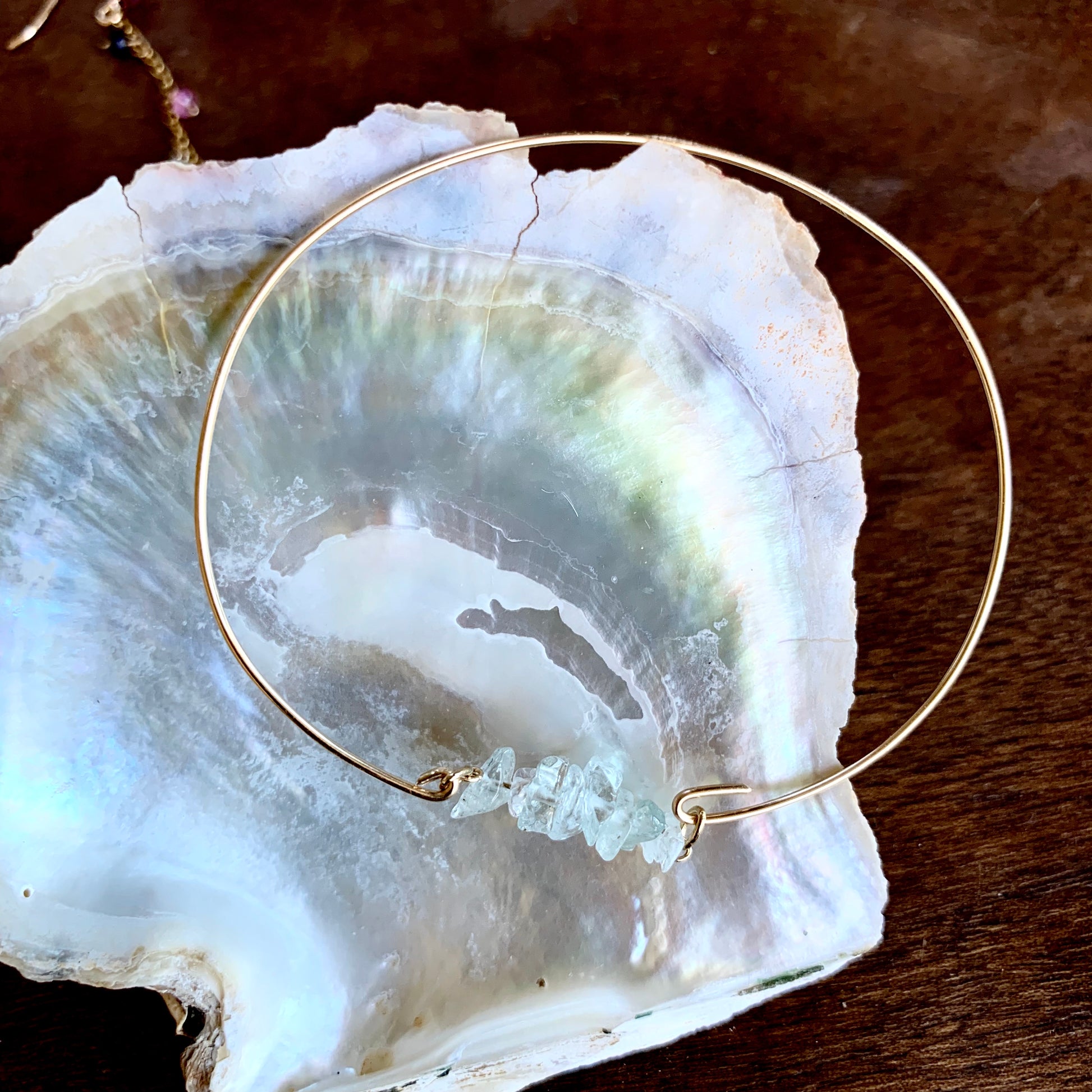 Odette petite bangle, thin gold bangle, aquamarine bangle, 14k gold fill aquamarine bracelet close-up full view