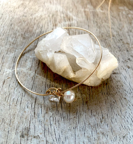 Esther pearl & clear quartz petite bangle, thin gold bangle, full view single bangle
