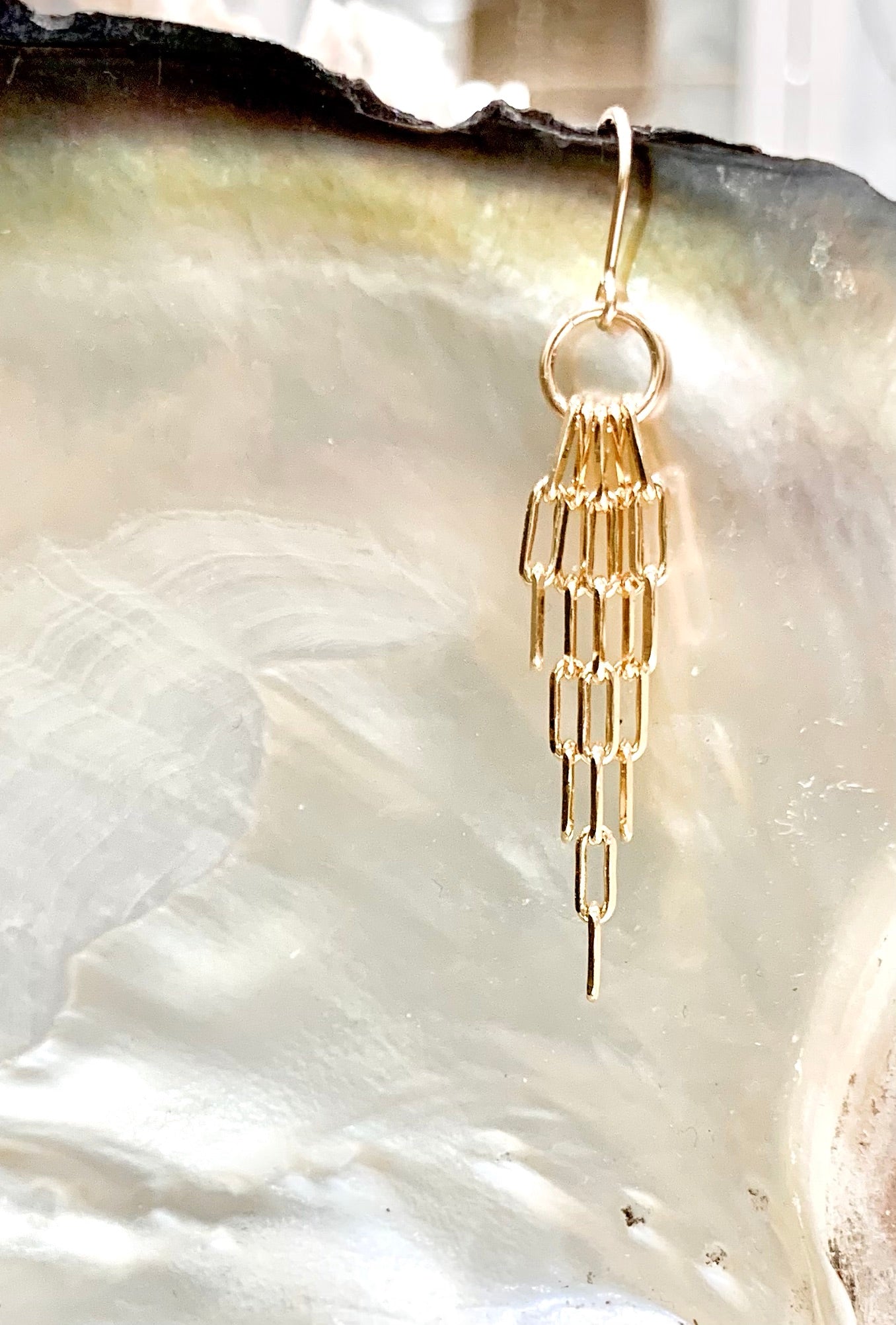 Adrianne drop earrings, chain link earrings, small earrings in gold on shell