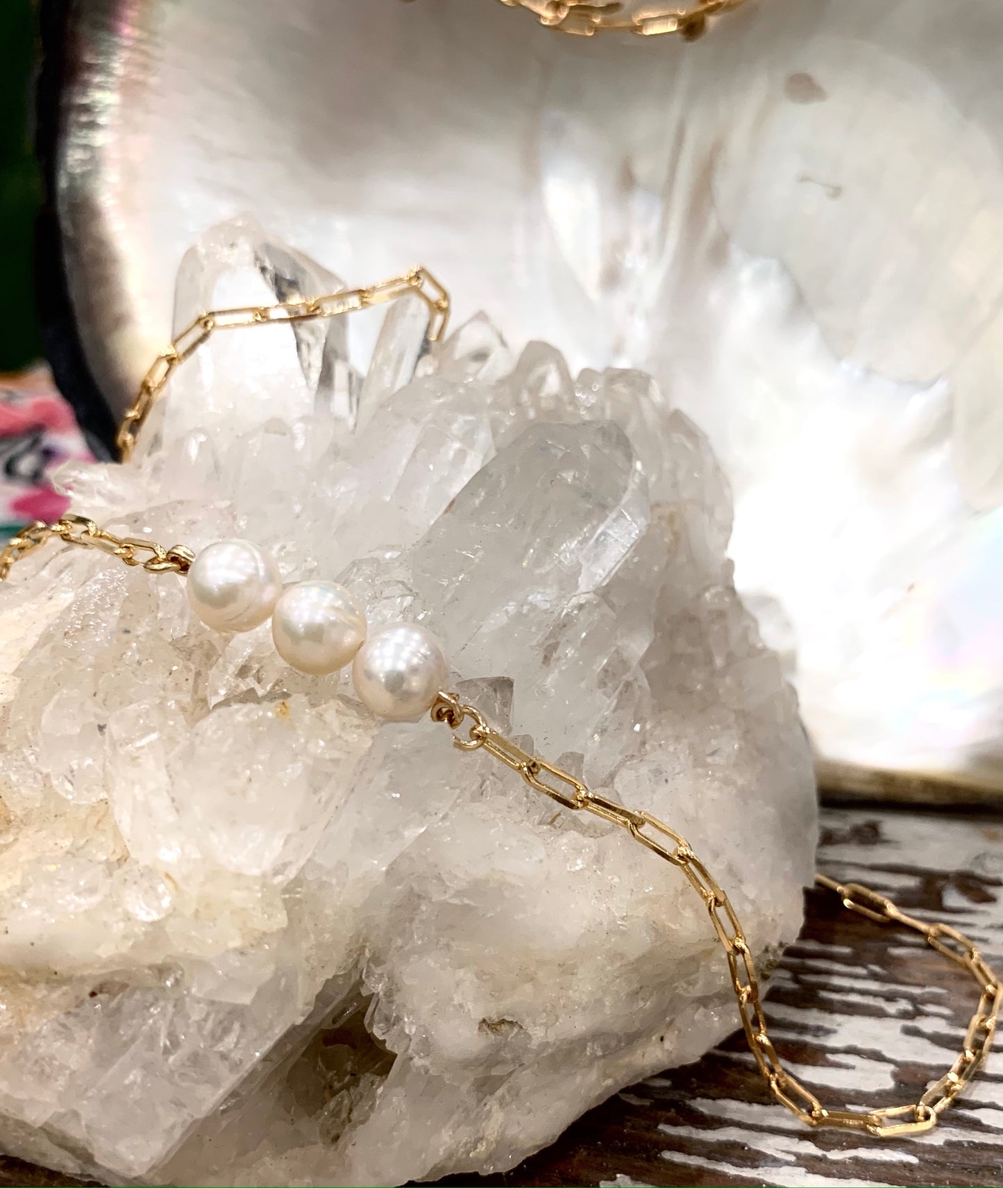 Ella pearl necklace, pearl gold chain necklace, pearl necklace in 14k gold fill on crystal