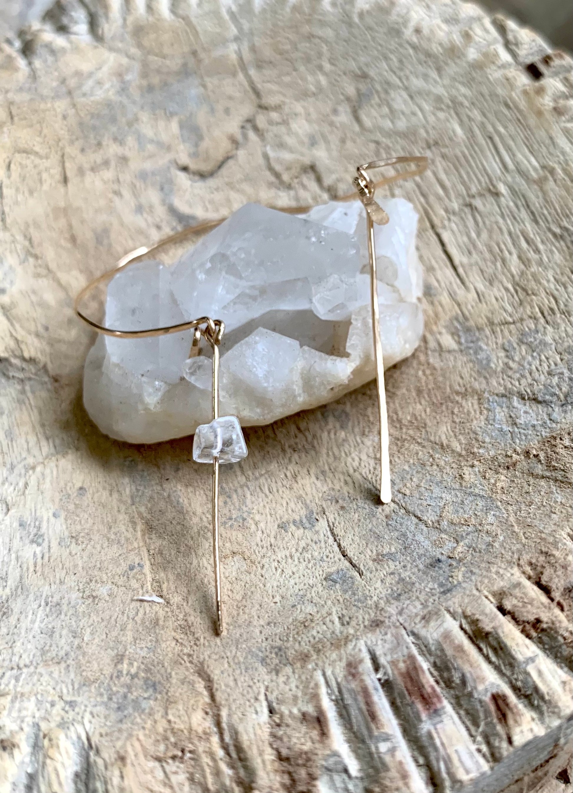 Kairi petite bangle, thin gold bangle, clear quartz bracelet, front view gold bangle