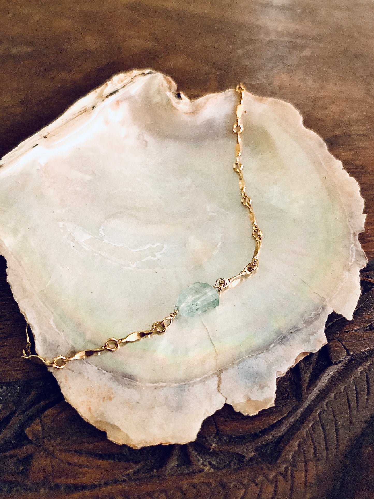 Celeste bracelet, aquamarine bracelet, 14k gold fill bracelet on shell