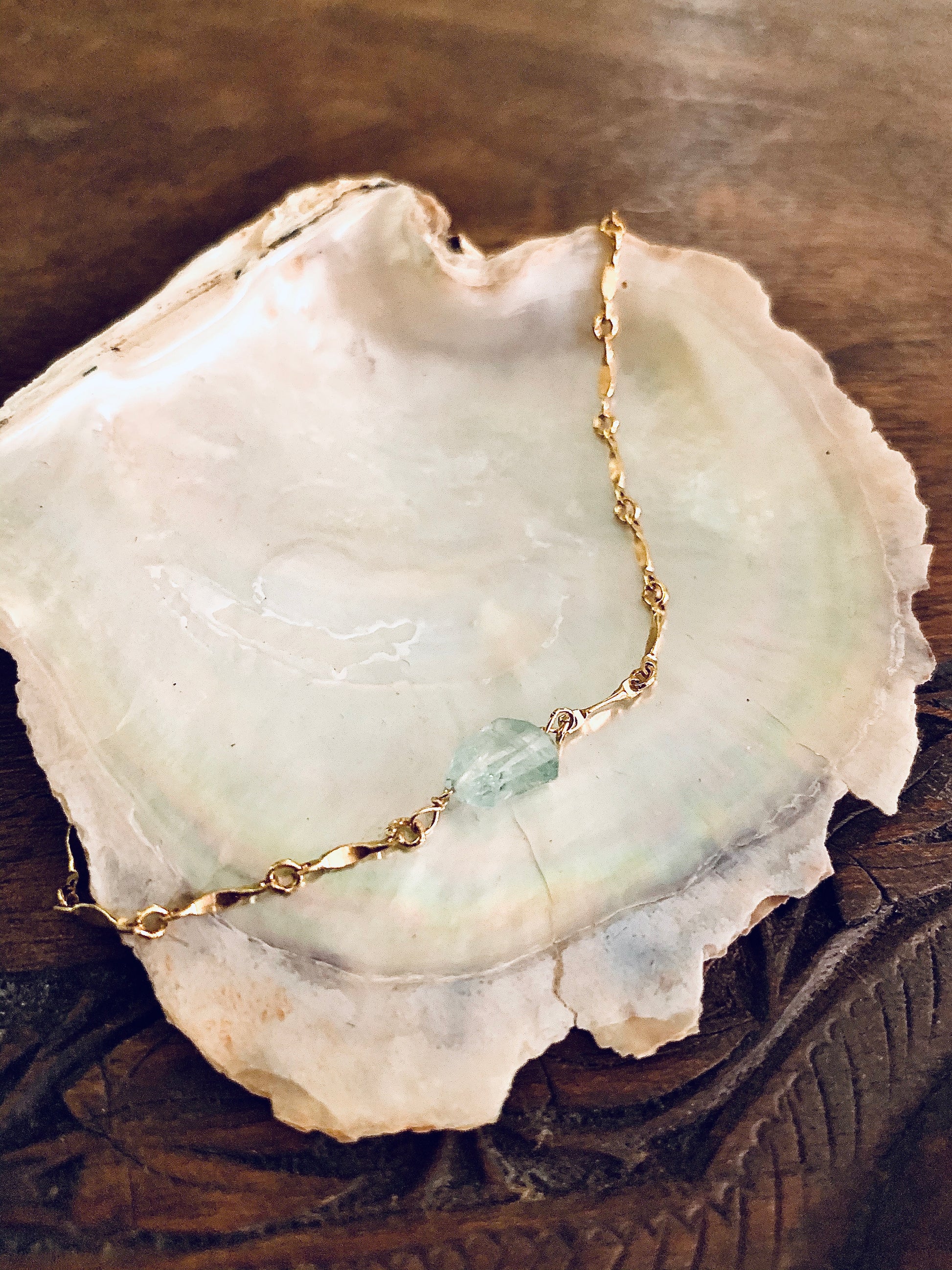 Celeste bracelet, aquamarine bracelet, 14k gold fill bracelet on shell