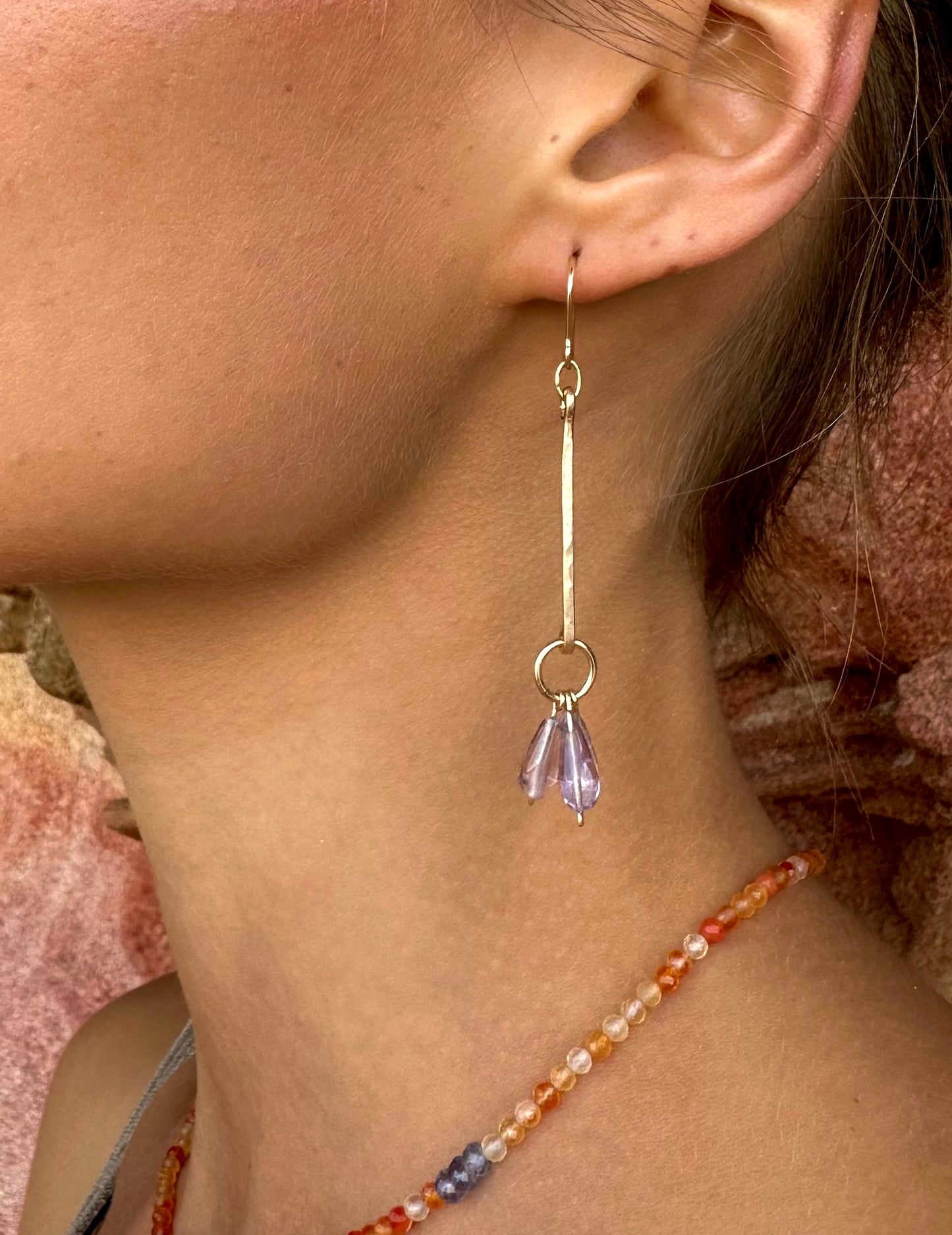 Helena drop earrings, amethyst drop earrings gold, 14k gold amethyst teardrop earrings on model