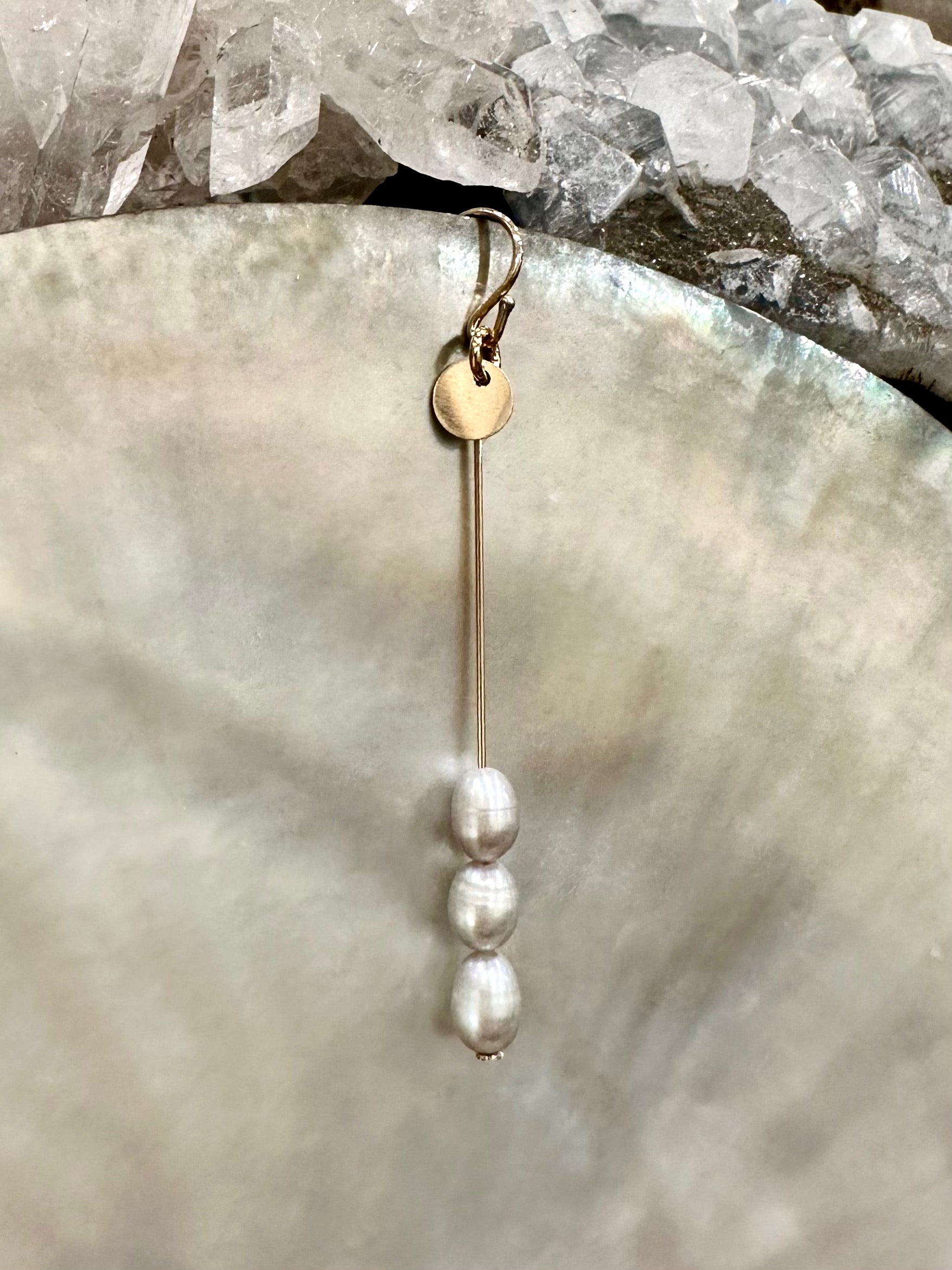Trinity drop earrings, freshwater pearl drop earrings, ice blue freshwater pearl earrings in gold on shell