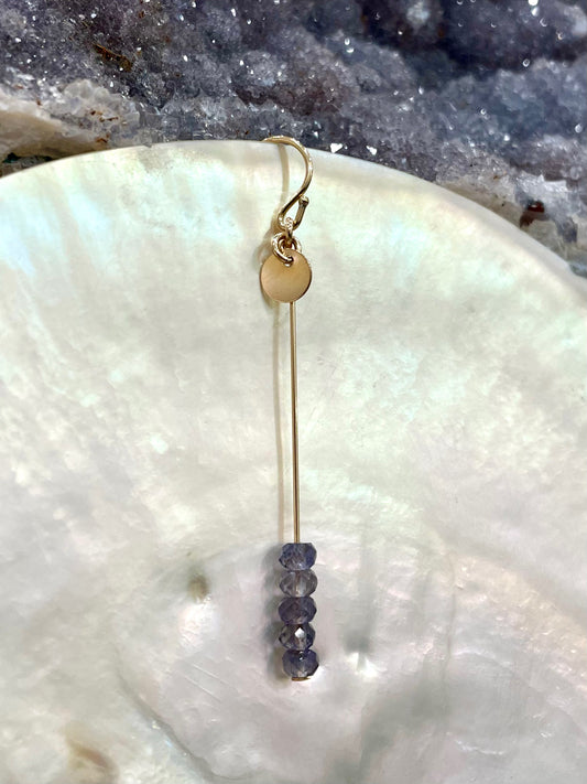 Diana drop earrings, purple stone earrings, iolite earrings in gold on shell