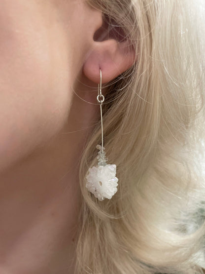 Akamu drop earrings, aquamarine drop earrings, silver earrings on model