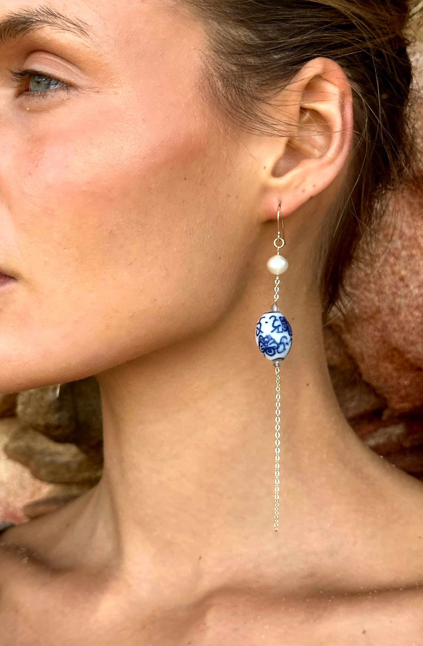 Xiulan drop earrings, porcelain earrings, on model