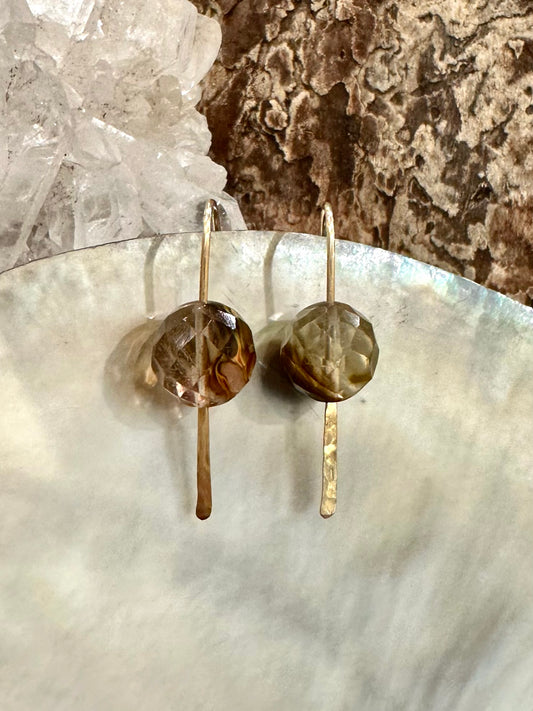 Nayela drop earrings, hammered gold earrings, gold earrings with inclusion quartz