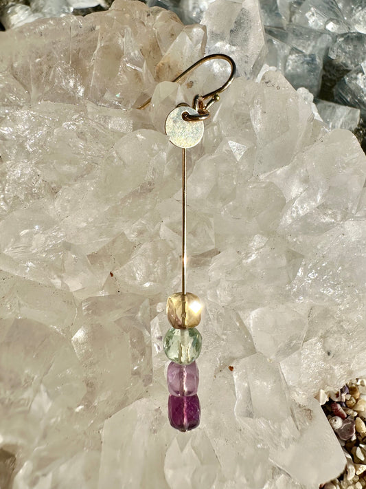 Aeris drop earrings, fluorite earrings, earrings in gold on crystal
