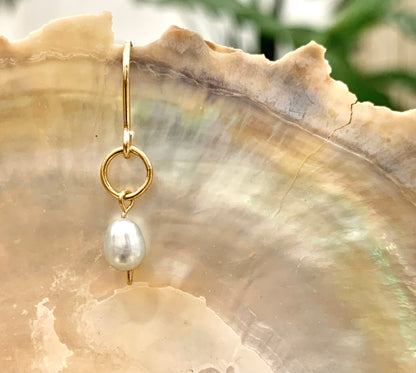 Mini gemstone hook earrings, gold pearl drop earrings, white freshwater pearl earrings in gold