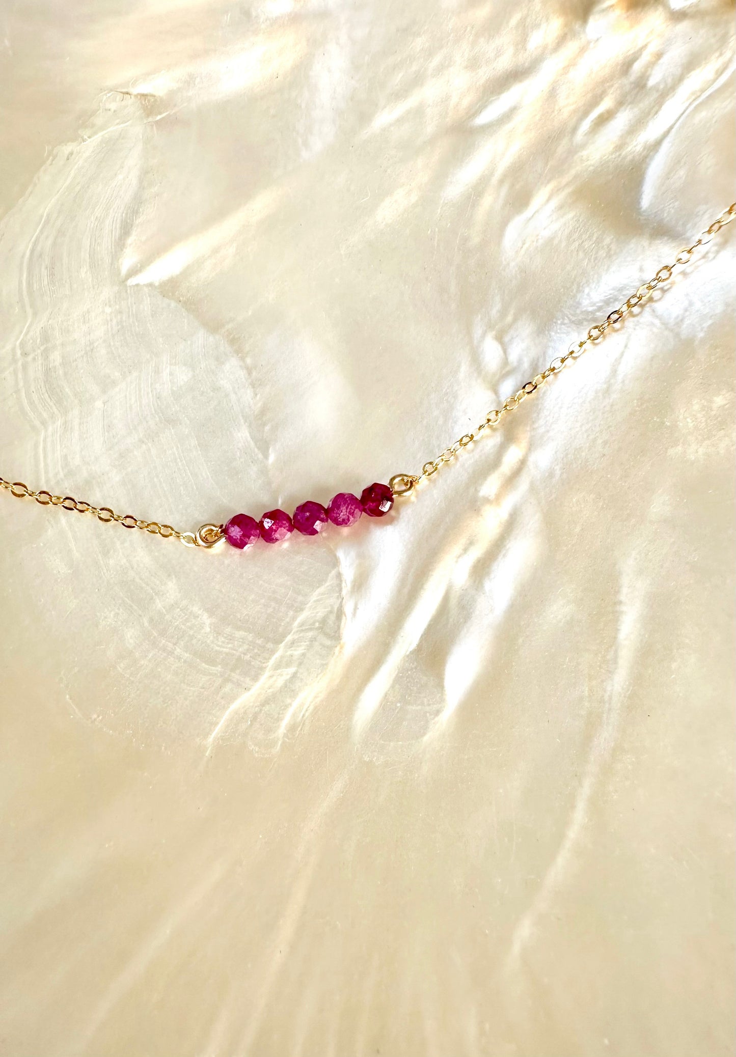 Capri necklace, red pink stone necklace, ruby necklace in gold on shell