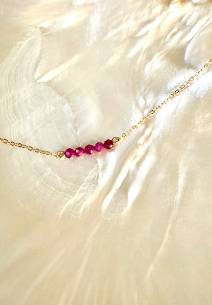 Capri necklace, red pink stone necklace, ruby necklace in gold on shell