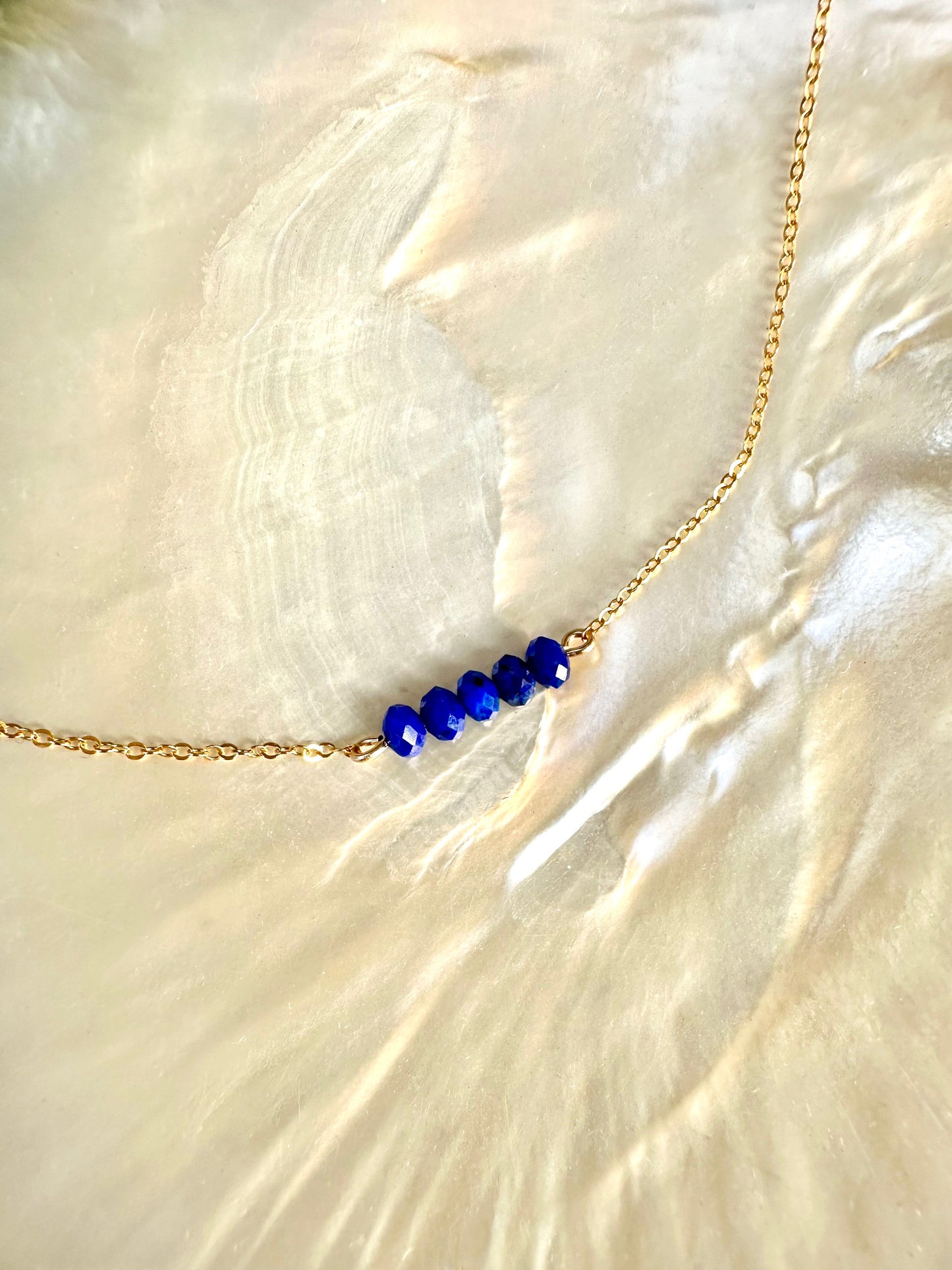 Capri necklace, dark blue stone necklace, lapis lazuli necklace in gold on shell