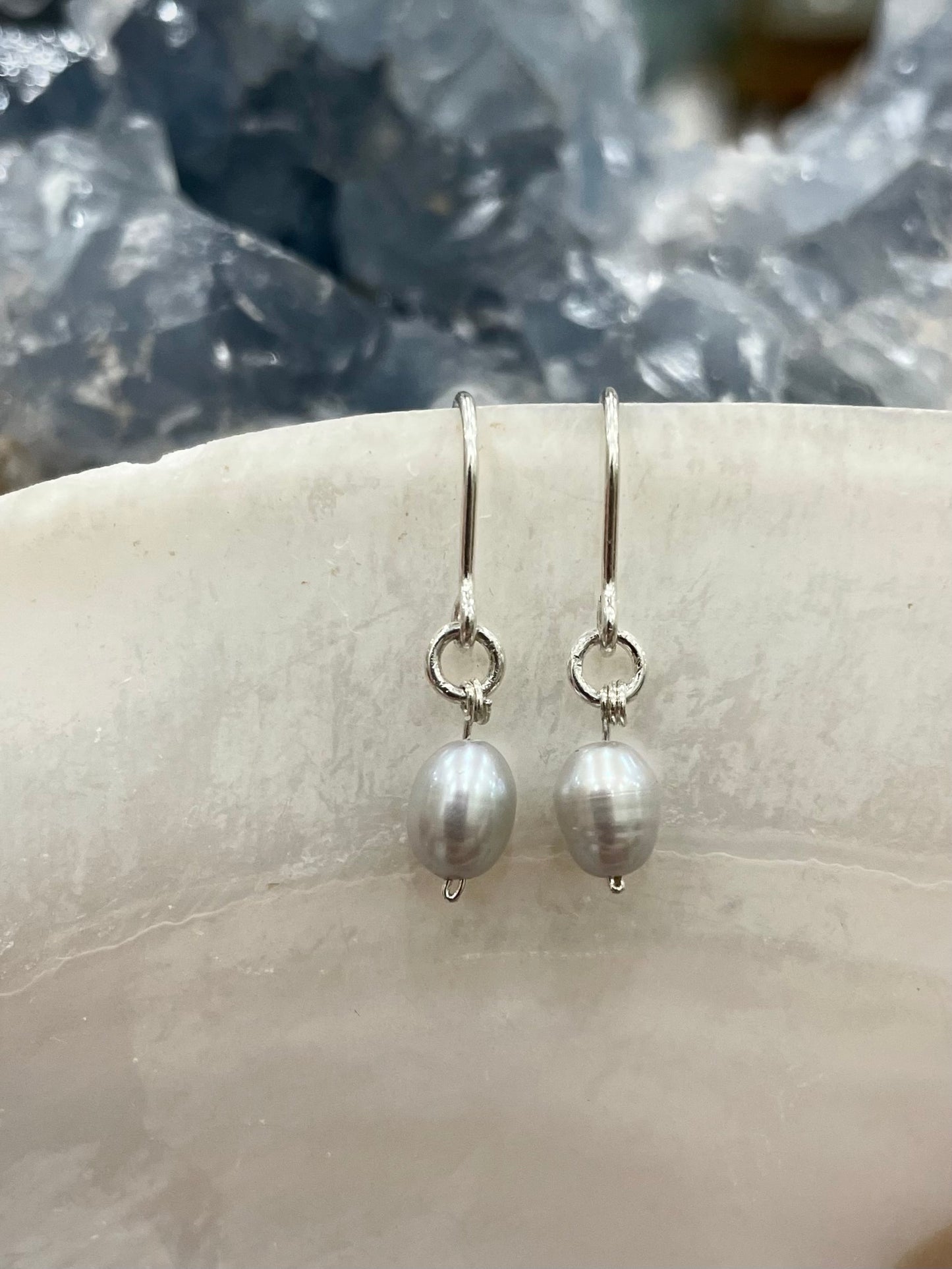 Mini gemstone hook earrings, silver pearl earrings, icy blue freshwater pearl earrings in silver