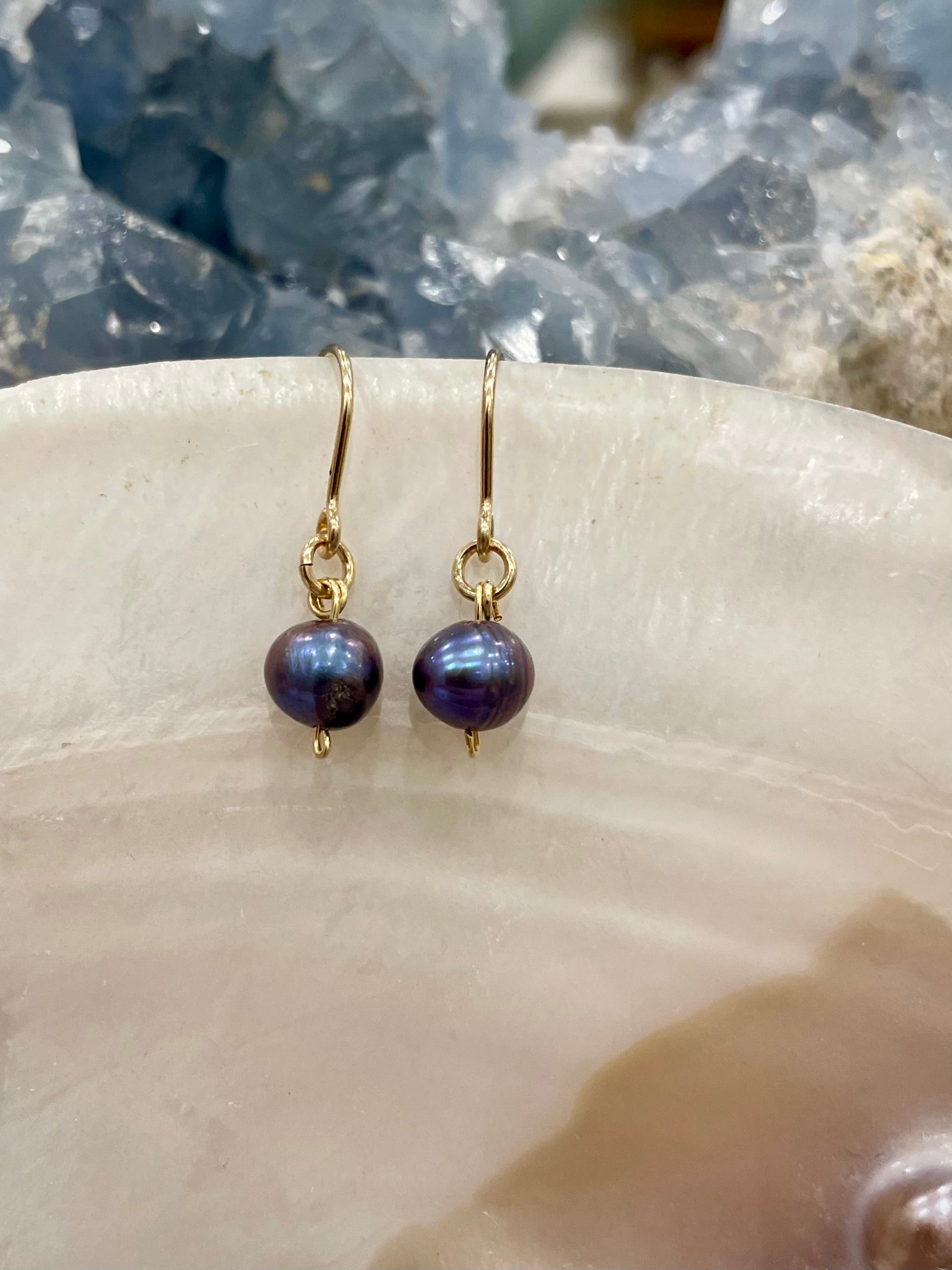 Mini gemstone hook earrings, black pearl earrings, black freshwater pearl earrings in gold