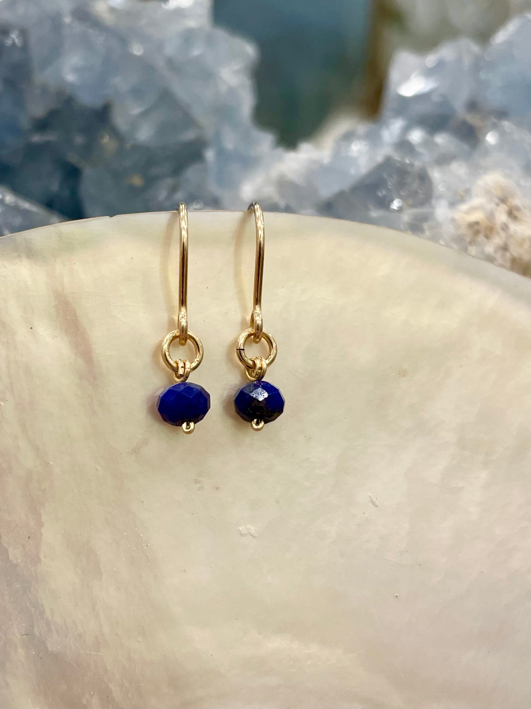 Mini gemstone hook earrings, lapis lazuli earrings, lapis lazuli earrings in gold