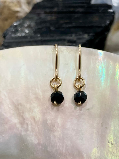 Mini gemstone hook earrings, black onyx earrings, black onyx earrings in gold
