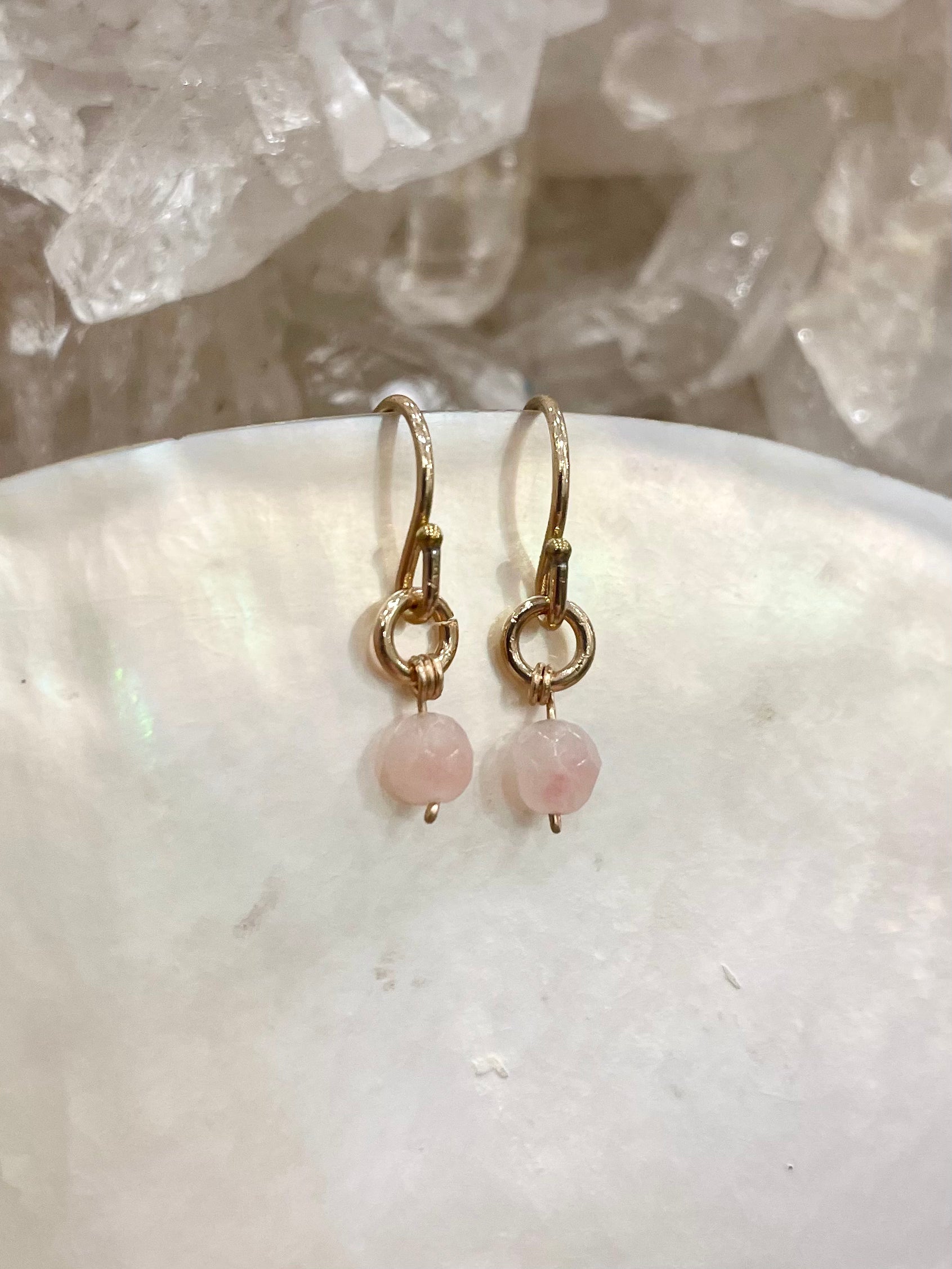 Mini gemstone hook earrings, pink stone earrings, pink opal earrings in gold