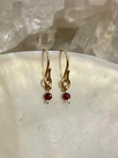 Mini gemstone hook earrings, garnet earrings, small garnet earrings in gold