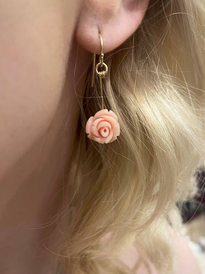 rosa drop earrings, pink flower earrings, on model