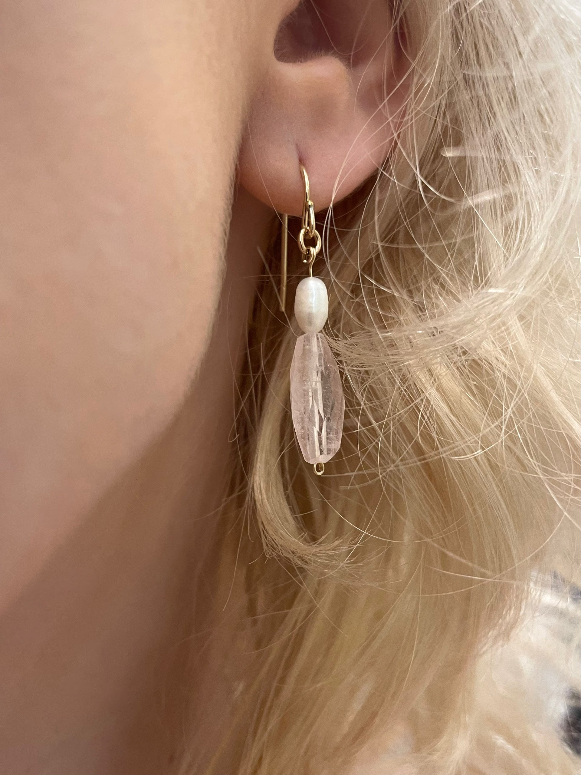 Valentina drop earrings, pink stone earrings, on model
