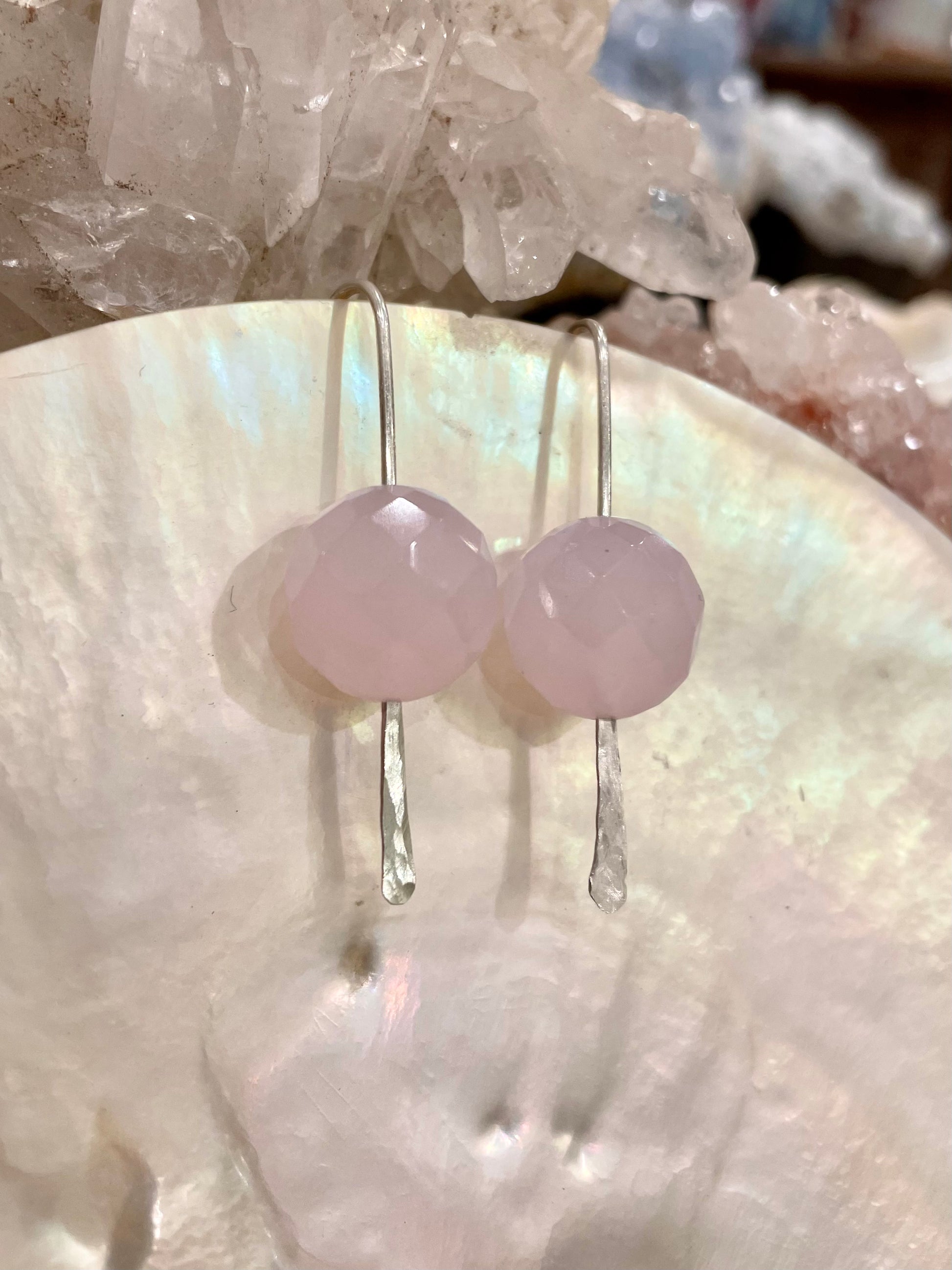 Nayela drop earrings, rose quartz earrings, rose quartz in silver on shell