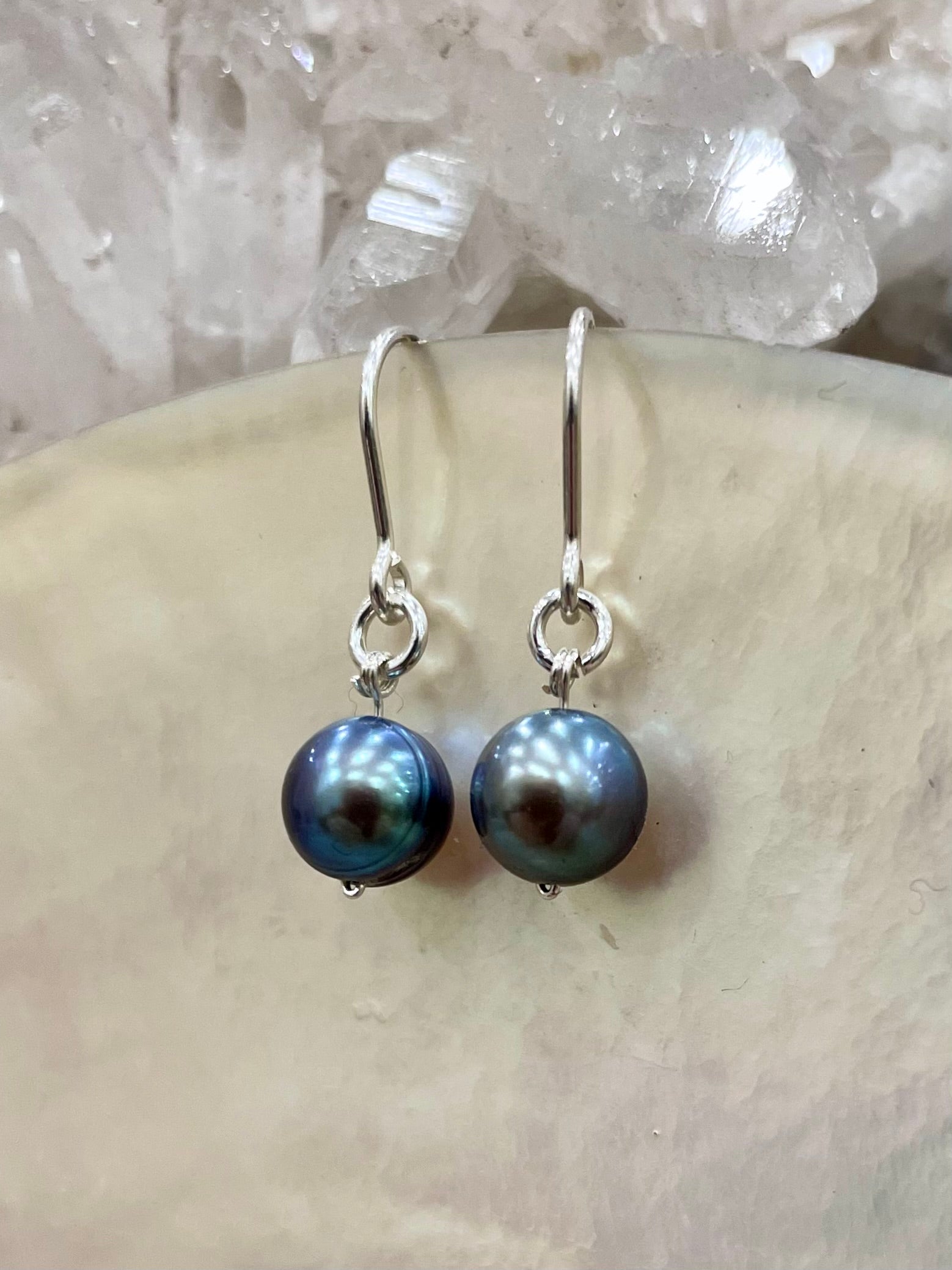 Mini gemstone hook earrings, blue pearl earrings, black freshwater pearl earrings in silver