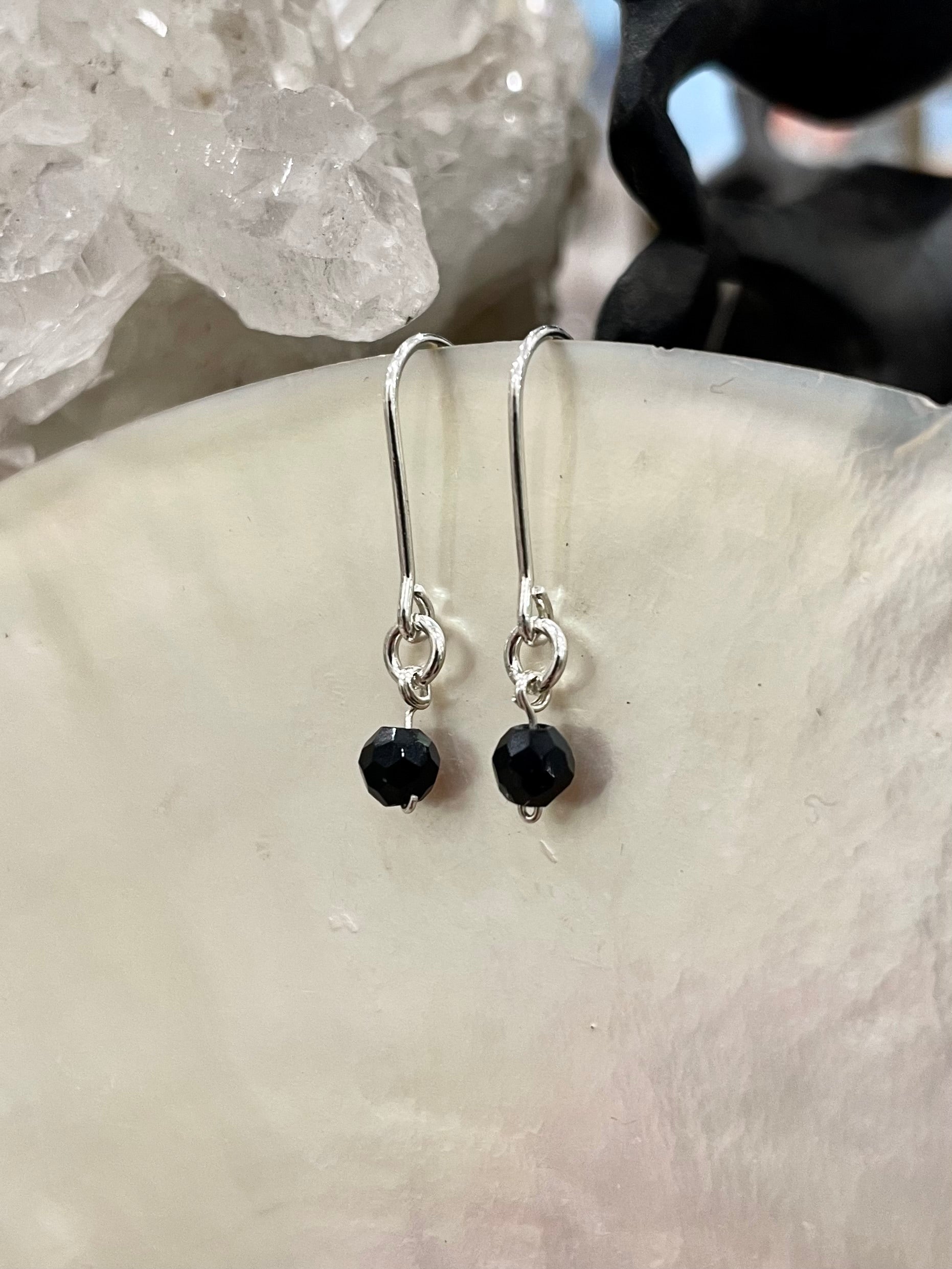 Mini gemstone hook earrings, black onyx earrings, black onyx earrings in silver