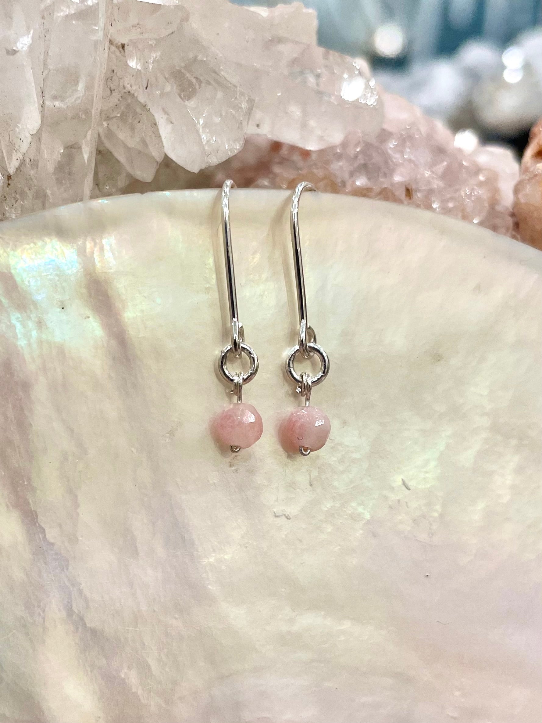 Mini gemstone hook earrings, pink stone earrings, pink opal earrings in silver