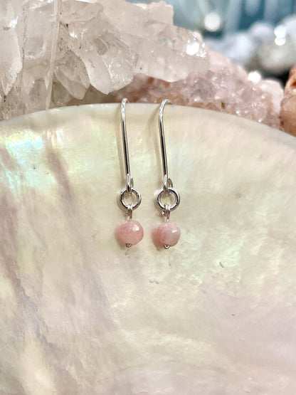 Mini gemstone hook earrings, pink stone earrings, pink opal earrings in silver