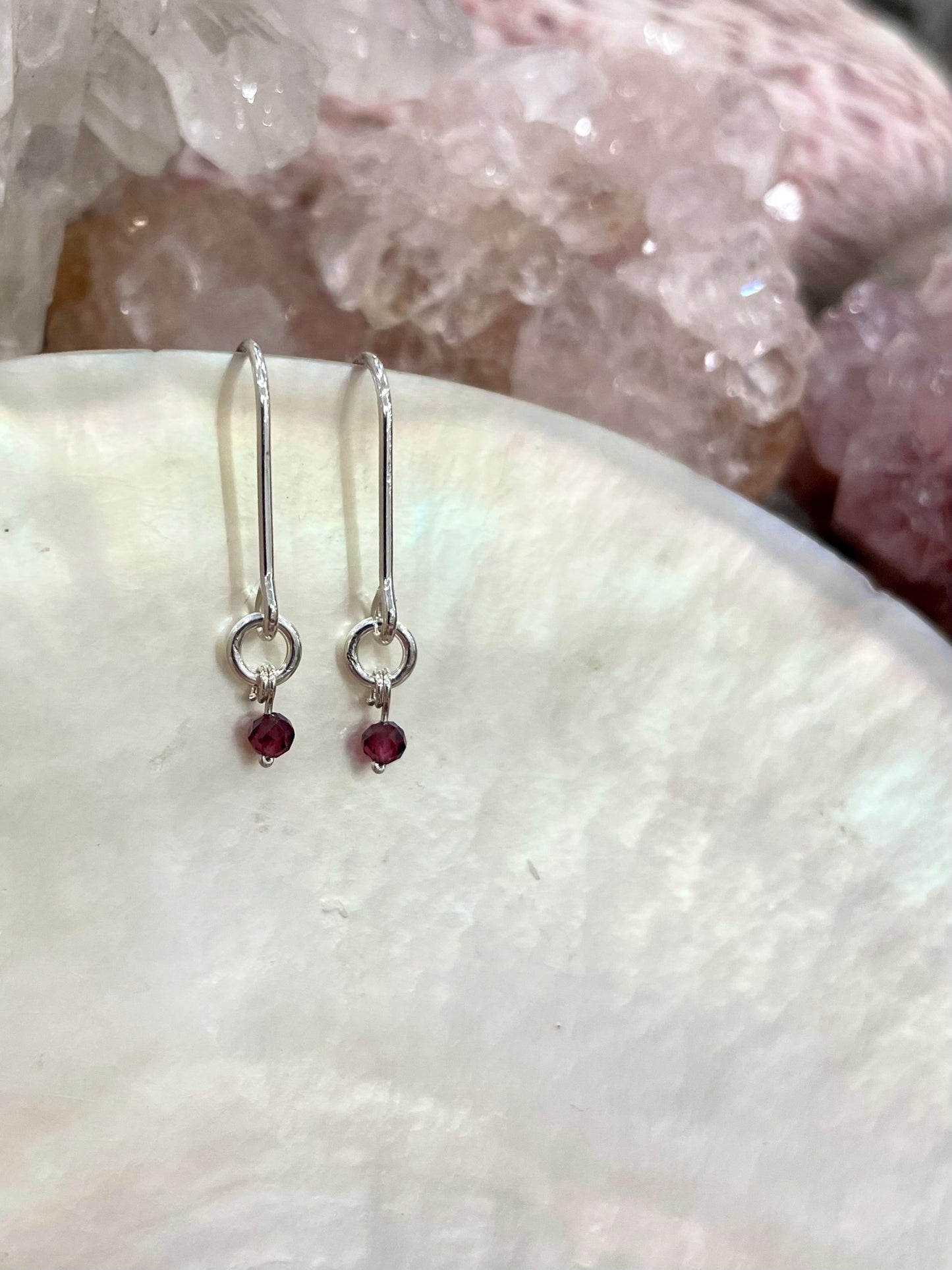 Mini gemstone hook earrings, garnet earrings, small garnet earrings in silver