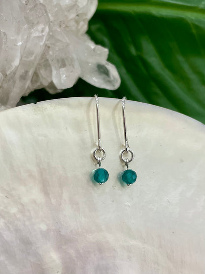 Mini gemstone hook earrings, green stone earrings, green onyx earrings in silver