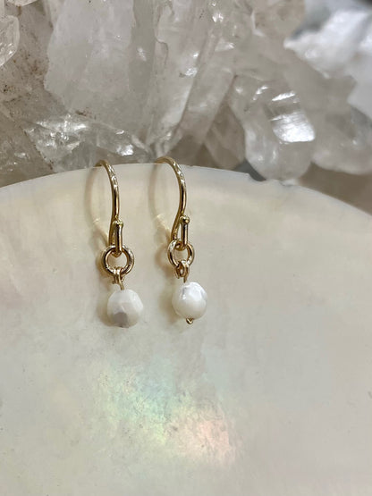 Mini gemstone hook earrings, mother of pearl earrings, mother of pearl earrings in gold