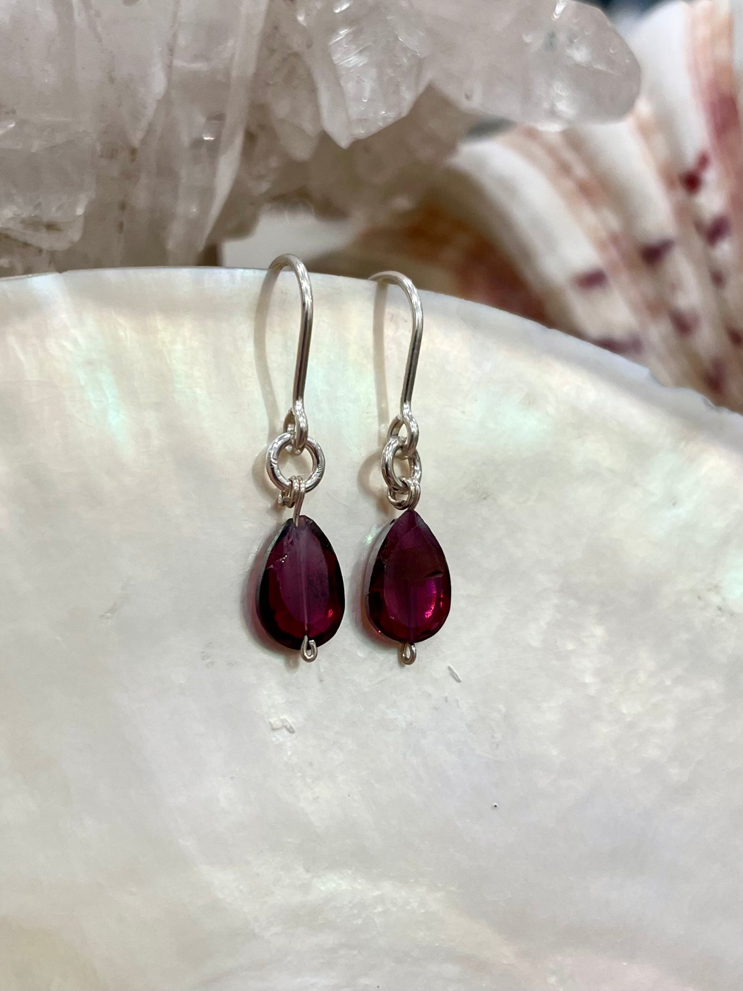 Mini gemstone hook earrings, garnet earrings, garnet droplet earrings in silver