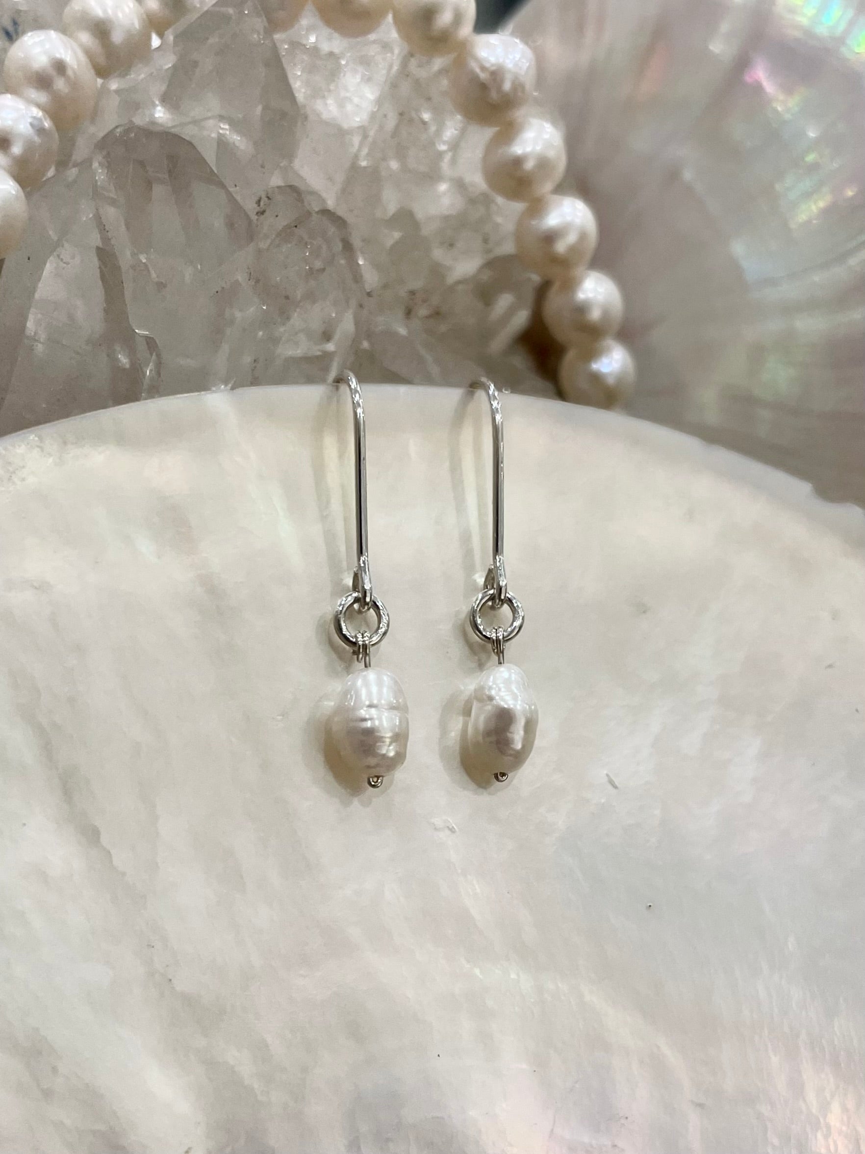 Mini gemstone hook earrings, silver pearl drop earrings, white freshwater pearl earrings in silver