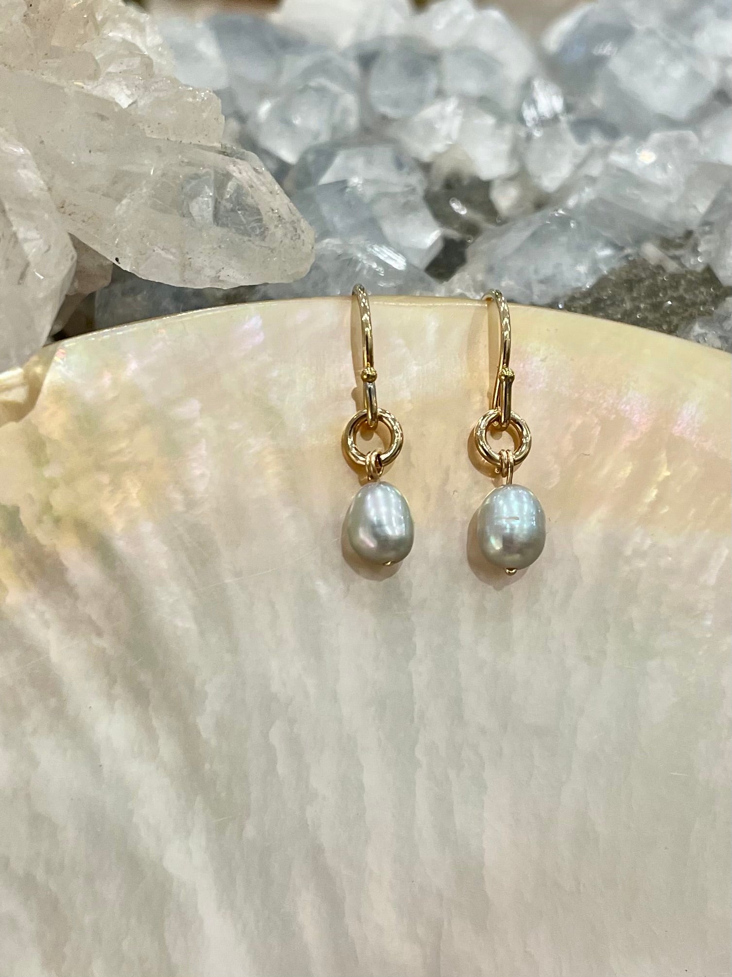 Mini gemstone hook earrings, blue pearl earrings, icy blue freshwater pearl earrings in gold