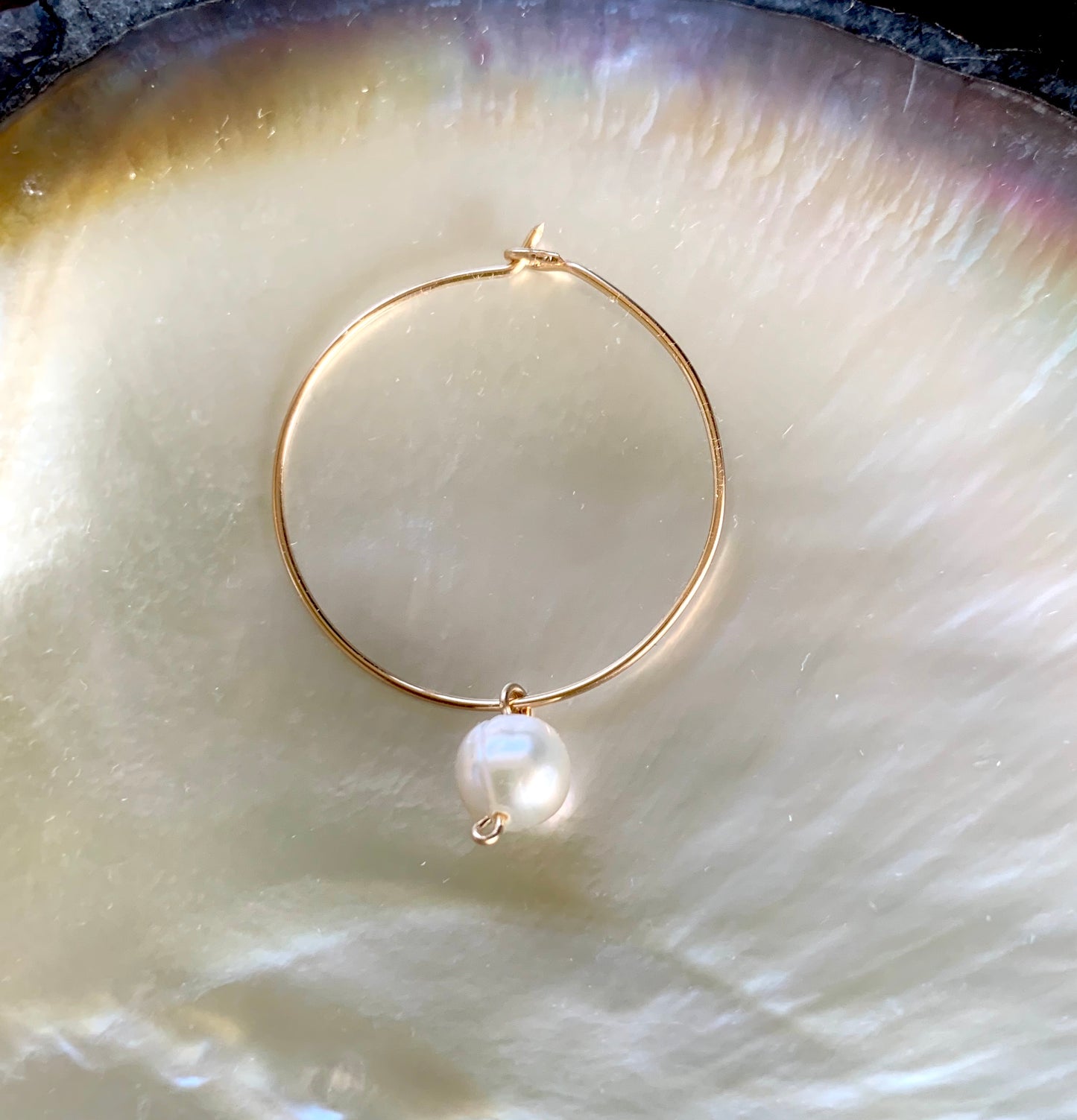 Sienna hoop earrings, pearl hoop drop earrings, white freshwater pearl earrings in gold on shell