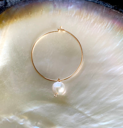 Sienna hoop earrings, pearl hoop drop earrings, white freshwater pearl earrings in gold on shell