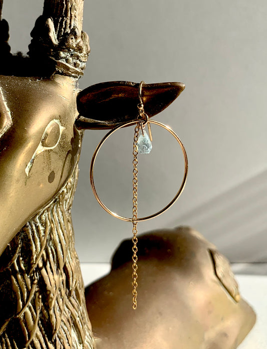 Aurelie drop hoop earrings, aquamarine drop earrings, earrings in gold on deer sculpture