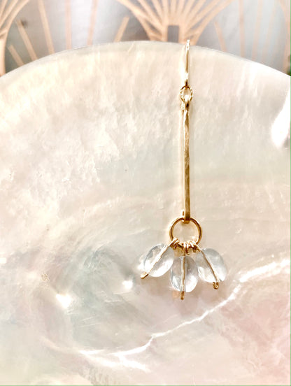 Helena drop earrings, aquamarine earrings, aquamarine earrings on shell close-up
