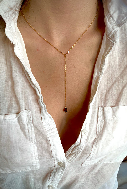 Bella drop necklace, garnet necklace, 42cm necklace on model